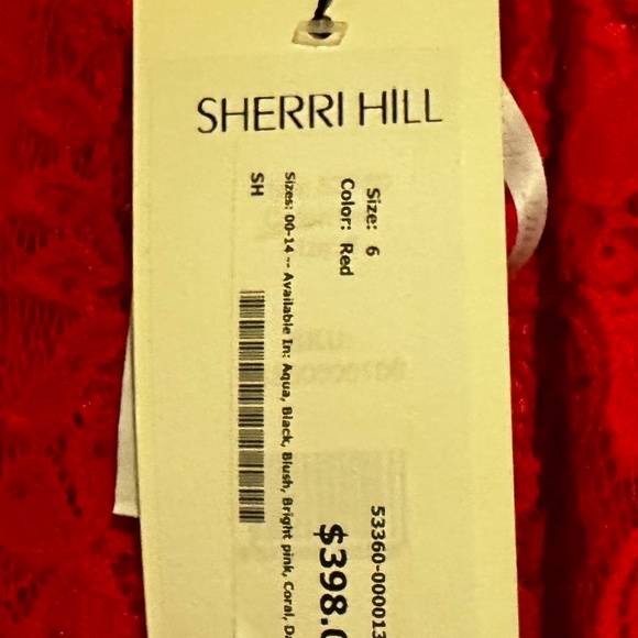 RED Sherry Hill beaded stretch lace gown, deep V illusion neckline/strappy back - Picture 3 of 5